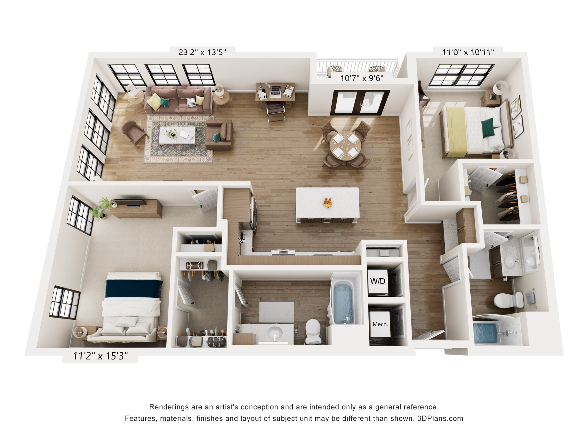 Floor plan for 2 beds, 2 baths, 1370 sqft